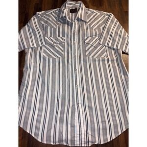 Plains Western Wear Mens Medium Short Sleeve Pearl Snap Striped Shirt White Blue